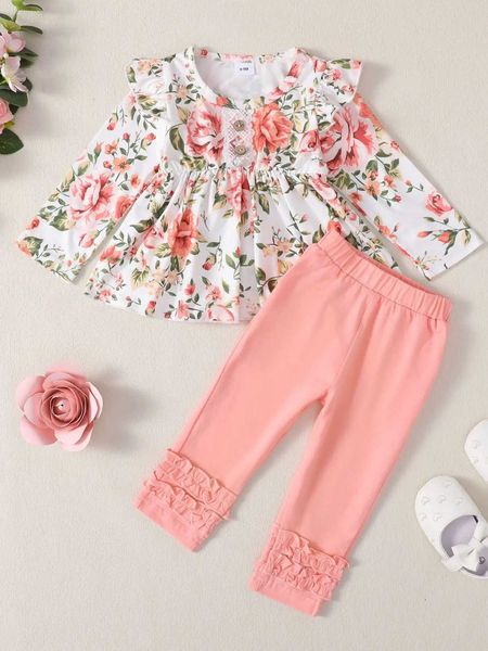 Set di abbigliamento Neonate Bambine Vestito carino Orlo con volant Manica lunga Camicia floreale Pantaloni elastici in vita Bambino Bambino 2 pezzi Set per l'autunno inverno