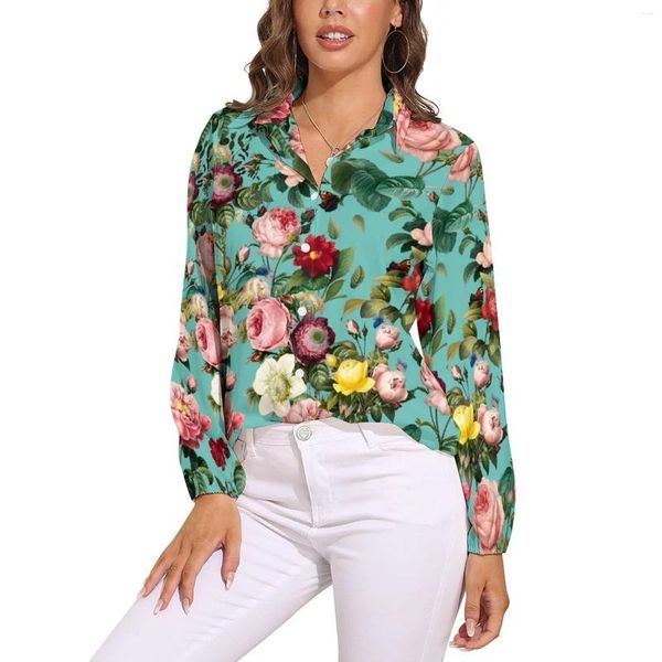 Blusas femininas rosa floral impressão blusa mulher vintage flores casual solto manga longa camisas bonito personalizado topo tamanho grande