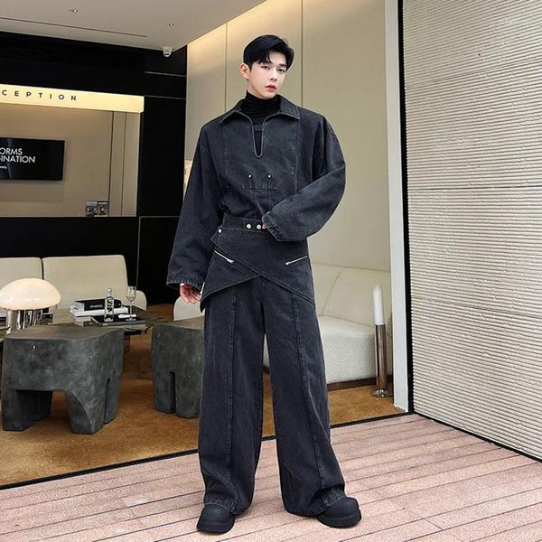 Tracksuits masculinos syuhgfa homens roupas lavadas vintage denim define solto causal 2023 outono terno coreano streetwear moda duas peças