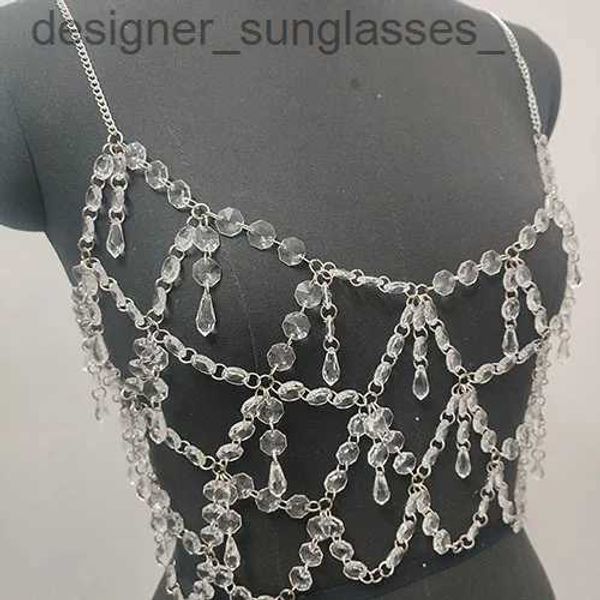 Andere Modeaccessoires Transparente lila gelbe Kristallbrustkette aushöhlen Sweart Anzüge Mantel Weste Camis Top Perlen BH Kette Frauen Bo JewelryL231215