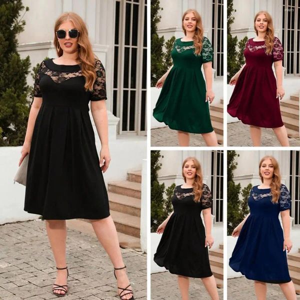 Vestidos casuais mulheres vestido de verão transparente renda o pescoço mangas curtas plissadas vestido-up grande bainha cor sólida plus size midi roupas