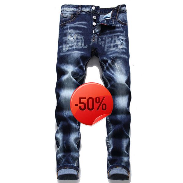 Desconto de Natal ~ 50 off ~ Jeans Mens jeans homem calças designer preto skinny adesivos lavagem leve rasgado motocicleta rock revival corredores verdadeiros homens religiosos.