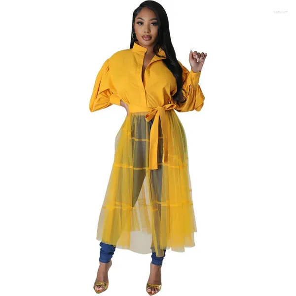 Roupas étnicas Camisa Longa Vestido Mulheres Lanterna Manga Lace Up Império Robes Outono Malha Ruffle Patchwork Streetwear Sexy Maxi Vestidos