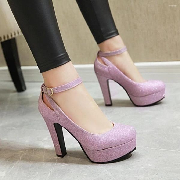 Kleidschuhe Knöchelriemen High Heels Sexy Frauen Pumps Glänzendes Paillettentuch Dicke Plattform Mary Jane Damen Party Schnalle Hollow Out Lila