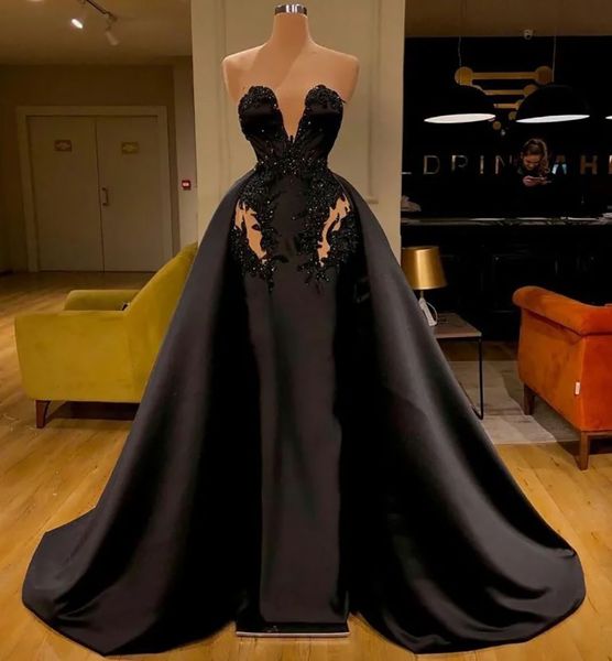 Vestidos de baile preto vestido de noite festa sereia trompete querida sem mangas cetim applique frisado zíper rendas até plus size nova ilusão personalizada