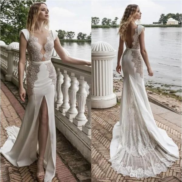 Lian Rokman 2023 Front Split Brautkleider Sexy Sheer Tiefer Ausschnitt Spitze Applizierte Satin Meerjungfrau Brautkleider robe de mariee