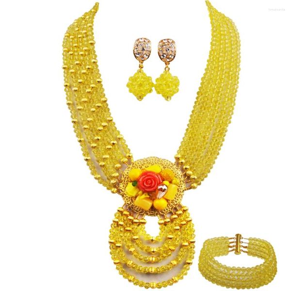 Colar brincos conjunto amarelo nigeriano tradicional pulseira de casamento cristal contas africanas jóias