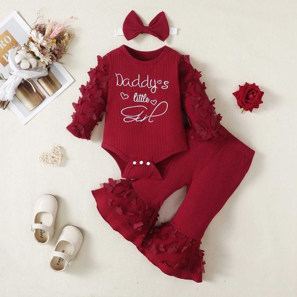 Conjuntos de roupas para bebês recém-nascidos, conjunto de roupas infantis com letras borboletas de manga comprida + calças largas + faixa de cabeça, roupas infantis de moda
