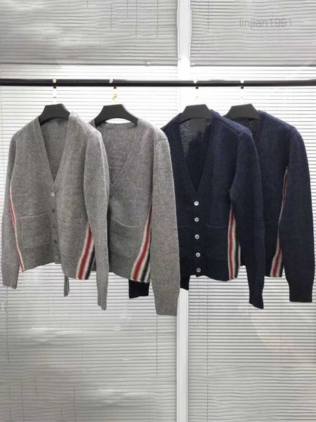 Tb cashmere lã de malha 2021 inverno/primavera camisola grossa 19ss cinza cardigan masculino e feminino fita lateral casal casaco