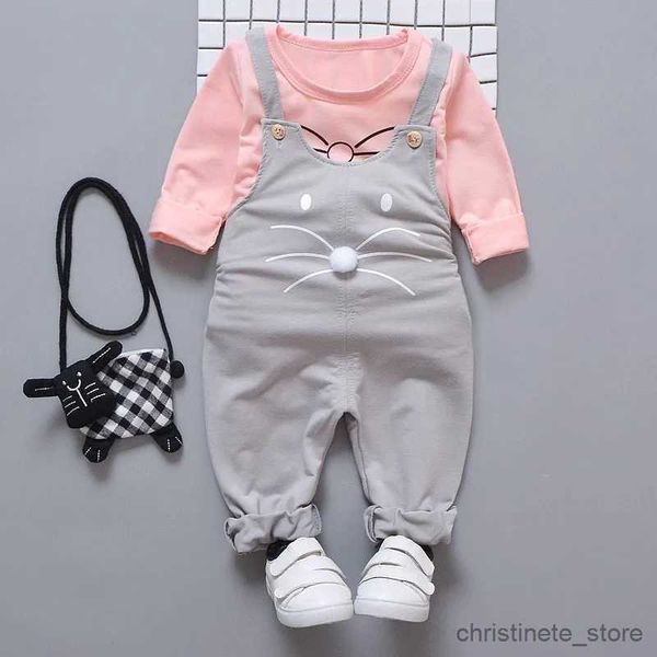 Set di abbigliamento Primavera Autunno Neonate Set Girocollo Stampa cartoon T-shirt a maniche lunghe + Pantaloni con cinturino stampa tinta unita Abito a due pezzi R231215