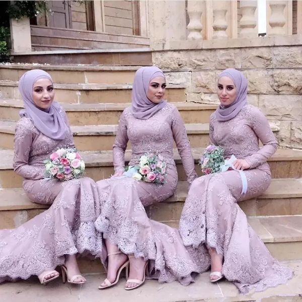 Arabische muslimische lange Brautjungfernkleider, Spitzenapplikationen, lange Ärmel, Meerjungfrau, formelles Kleid für Frauen, elegantes Hijab-Hochzeitsgastkleid, besondere Anlässe, 2024