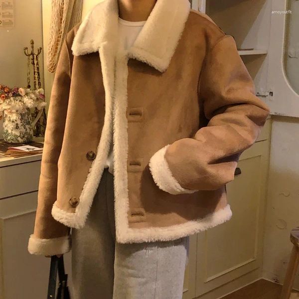 Frauen Pelz Casual Französisch Vintage Mantel Frauen Grundlegende Revers einreiher Doppel Konfrontiert Khaki Warme Mode Weibliche Parka Kurze jacke