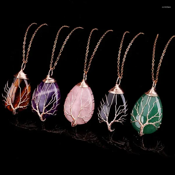 Pingente colares gota de água árvore da vida colar de cristal cobre pedra natural chakra quartzo pingentes feminino presente natal