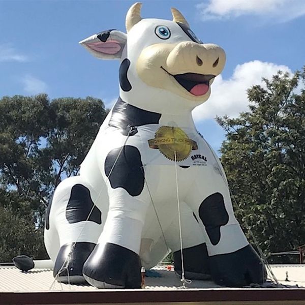 Vaca sagrada inflável para assento ao ar livre, gigante, leite, vaca, gado, touro com ventilador para publicidade