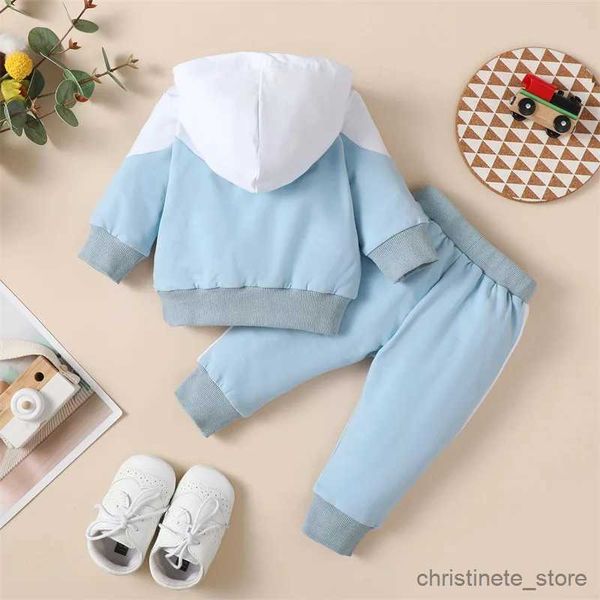 Conjuntos de roupas 2 peças roupas de bebê menino cor contrastante manga comprida com capuz com zíper + calças compridas outono agasalho para 0-18 meses R231215