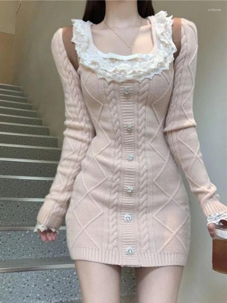 Vestidos casuales Pink Kawaii Knit Vestido de una pieza Mujeres Lace Vintage Elegante Suéter Mini Femenino Coreano Diseñador de Moda Dulce 2024