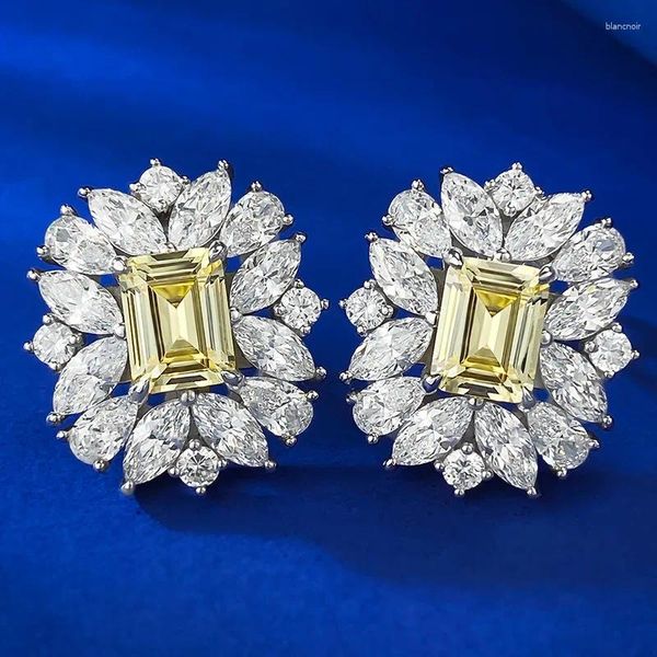 Ohrstecker 2023, 925er Silber, europäischer und amerikanischer Luxus, Set mit 6 und 8 gelben Diamanten im Smaragdschliff