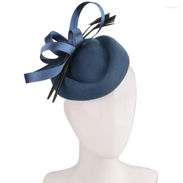 Marca de qualidade pura lã fascinator hairbands feminino azul real banquete corrida cavalo cocktail pena chapéu headpiece