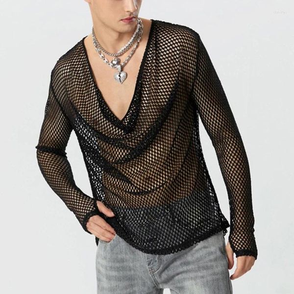Magliette da uomo Top in maglia trasparente sexy per uomo Abbigliamento da festa in discoteca Moda Scava fuori la camicia che tocca il fondo T-shirt da uomo trasparenti