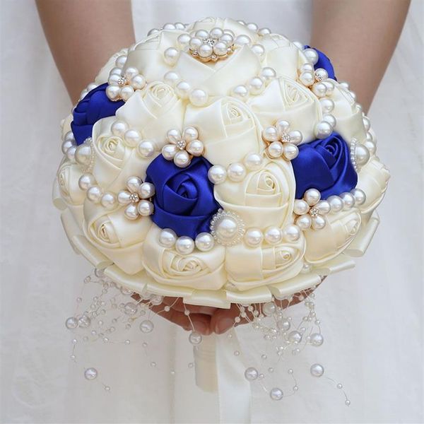El yapımı fildişi Royal Blue Gelin Boncuklu Elmas Düğün Buketleri Yapay Nedime Çiçekleri Tutan Çiçekler Düğün Aksesuarları W234B282Y