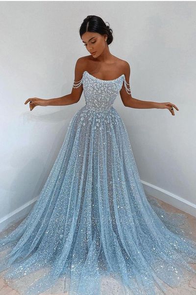 Principessa cielo blu abiti da ballo scintillanti paillettes perline spaghetti lunghi da donna occasioni abiti da sera su misura BC5842