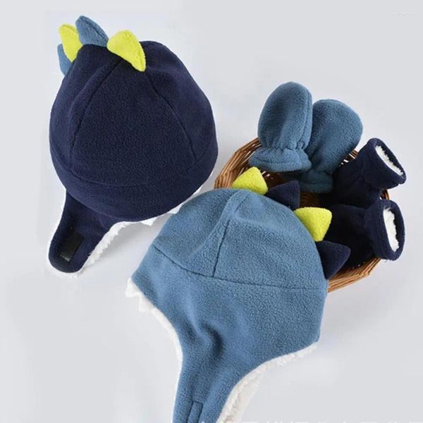 Berretti di pregevole fattura Guanti per cappelli invernali Set Guanti lavorati a maglia Cappelli per bambini a forma di dinosauro cartone animato a doppio strato