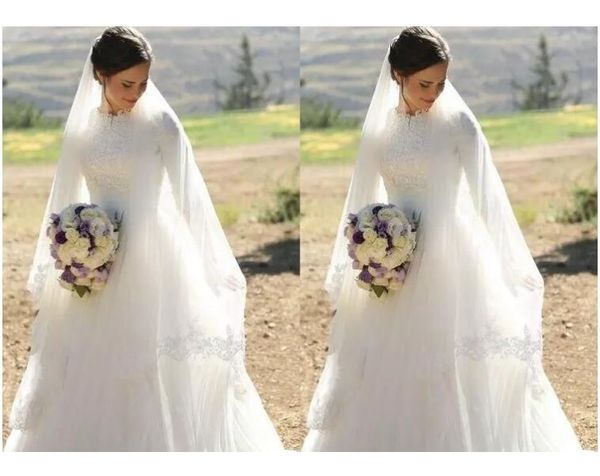 Abiti da sposa musulmani Collo alto Mezze maniche Applicazioni Raso Tulle Lunghezza del pavimento Abiti da sposa modesti Abiti da sposa Cerniera