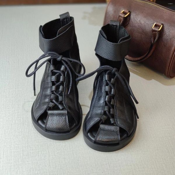 Sandálias Strap Hook Loop Mulheres 2023 Verão Botas Curtas Flats Lace Up High Top Sapatos Senhoras Plataforma Couro Genuíno