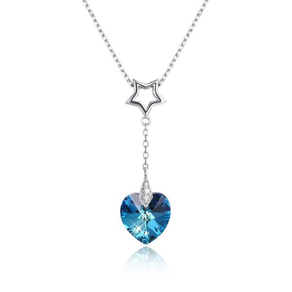 Menrose genuíno s925 prata esterlina coração pingente de cristal colar safira azul e ouro 2 cores tendências da moda jóias presente fo241o