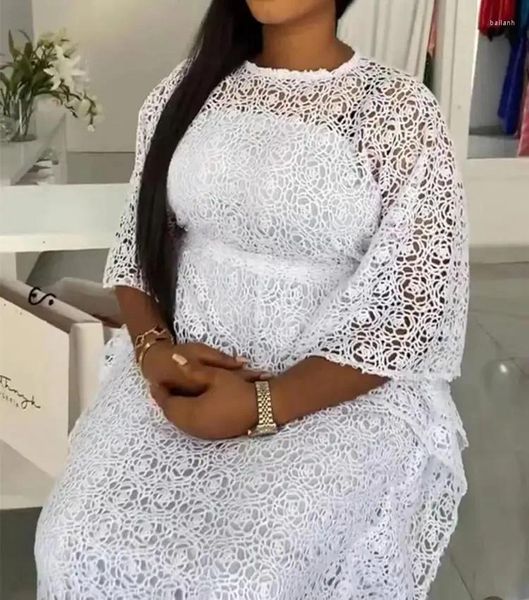 Abbigliamento etnico Africa Abiti da festa di nozze africani per le donne Primavera Estate Elegante manica a 3/4 Abiti maxi in pizzo bianco taglie forti