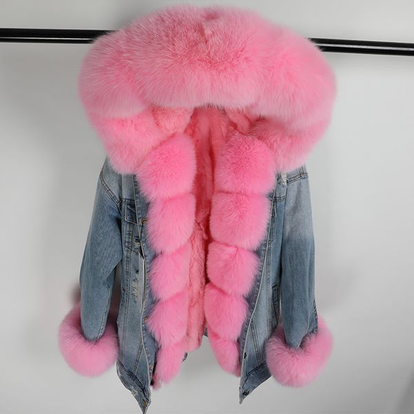 Fox kürk yaka kışlık kedi ceket kadın denim ceketler parkas ile kürk kaput tavşan kürk linner kalın rüzgar döküntüleri açık dış giyim palto