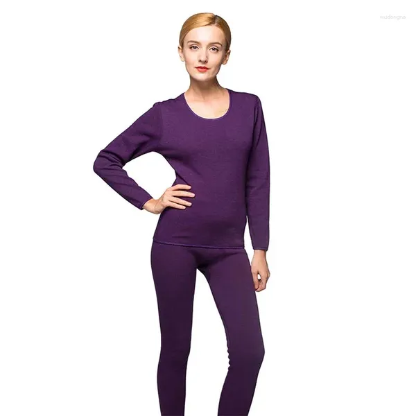 Roupa térmica feminina Winter Women Long Johns Algodão sólido G-pescoço espesso conjunto fêmea de manga básica roupa Termica Tops calças