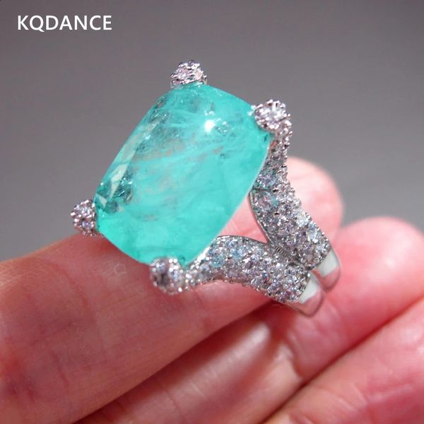 Fedi nuziali KQDANCE Taglio cuscino creato Paraiba Tormalina Smeraldo Gemma Anelli con diamanti con grandi gioielli in pietra gialla verde blu Donna 231214