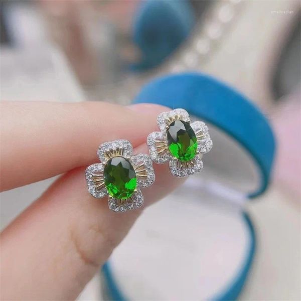 Brincos de garanhão Natural Diopside Real S925 Sterling Silver Feminino Simples e Bonito Desgaste Diário