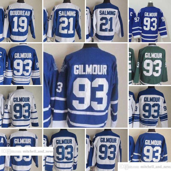 Personalizado 1917-1999 Filme Retro CCM Hóquei Jersey Bordado 93 Doug Gilmour 21 Borje Salming 19 Bruce Boudreau Vintage Jerseys Branco Azul Gree