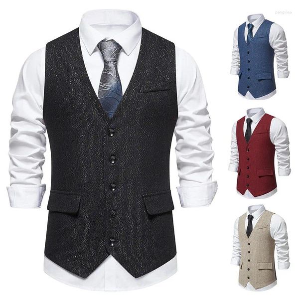 Coletes masculinos 2024 moda casual tweed lã terno colete único breasted slim fit colete espinha de peixe
