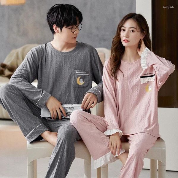 Homens sleepwear coreano moda mulheres e homens combinando pijamas conjunto de algodão homewear para casais primavera outono macio nightwear cama