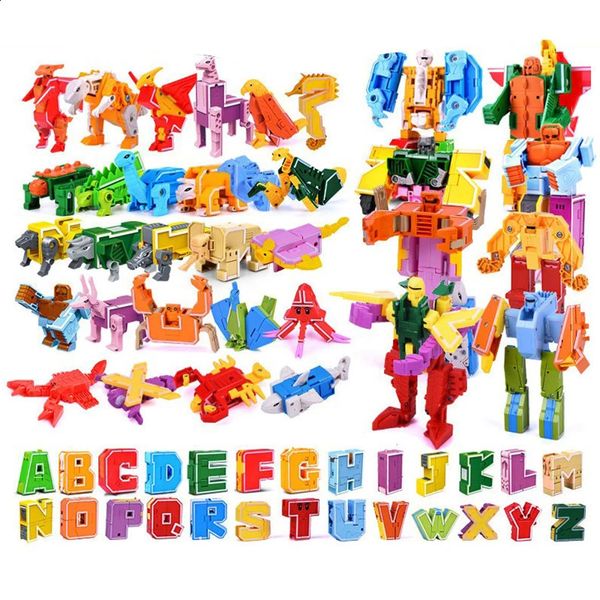 Outros brinquedos 26 GUDI Inglês Letra Alfabeto Transformação Robô Dinossauro Deformação Animal Action Figure Aprenda A Z Building Block Set 231214