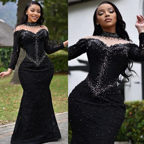 Plus Size Aso Ebi Ballkleider für besondere Anlässe, schwarze Meerjungfrau-Illusion, Stehkragen, lange Ärmel, formelles Abendkleid für schwarze Frauen, zweite Empfangskleider NL004