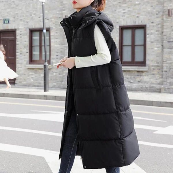 Coletes femininos com capuz colete de comprimento médio à prova de vento algodão acolchoado casaco longo para baixo outwear para outono inverno quente neve