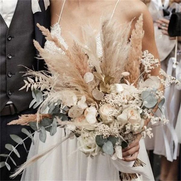 Flores decorativas grinaldas segurando grandes pompas naturais flor seca rosa buquê boho nupcial dama de honra arranjo de casamento decorativo 231214