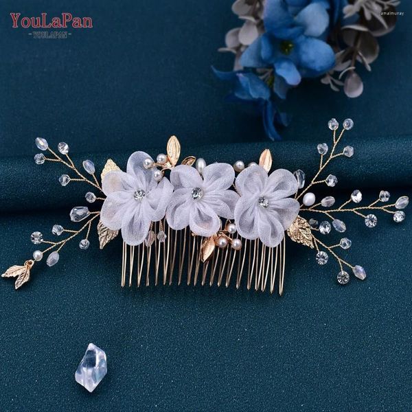 Copricapo TOPQUEEN Organza Fiore Pettine per capelli da sposa Clip per ragazza in cristallo per damigelle Accessori donna da sposa HP76