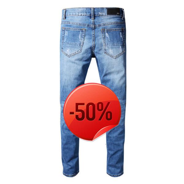 Desconto de natal ~ 50 off ~ jeans clássico impresso bordado designer jeans masculino motocicleta buraco luxo denim street wear calças masculinas