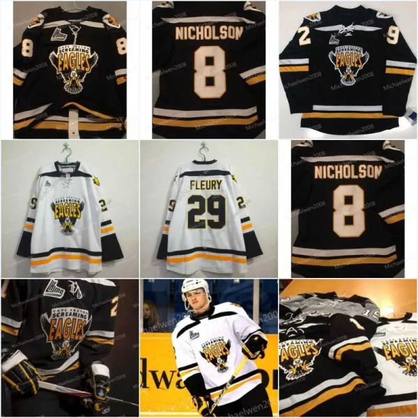 PERSONALIZADO 2009-Pres CHL QMJHL Cape Breton Screaming Eagles 8 Nicholson 29 Marc-Andre Fleury Home 4 David Victor Personalizar Jerseys Branco Preto