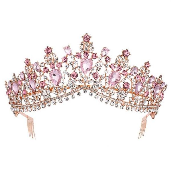 Tiara barroca de oro rosa y cristal rosa para novia, corona con peine, desfile, velo de graduación, diadema, accesorios para el cabello de boda 211006237w