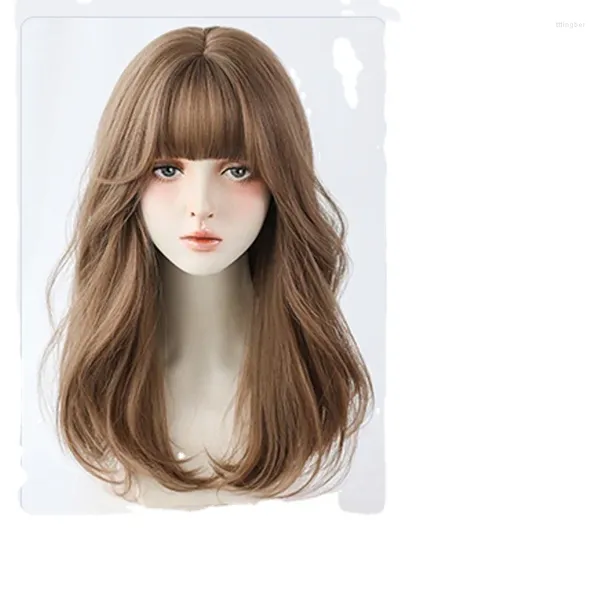 Peruca feminina cabelo longo grande onda encaracolado natural rosto redondo coreano médio diário fofo cobertura completa