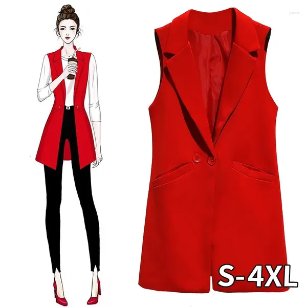 Gilets pour femmes Femmes Long Costume Gilet S-4XL Taille Veste sans manches Rouge Solide Couleur Noir Bureau Lady Tops Gilet avec poche