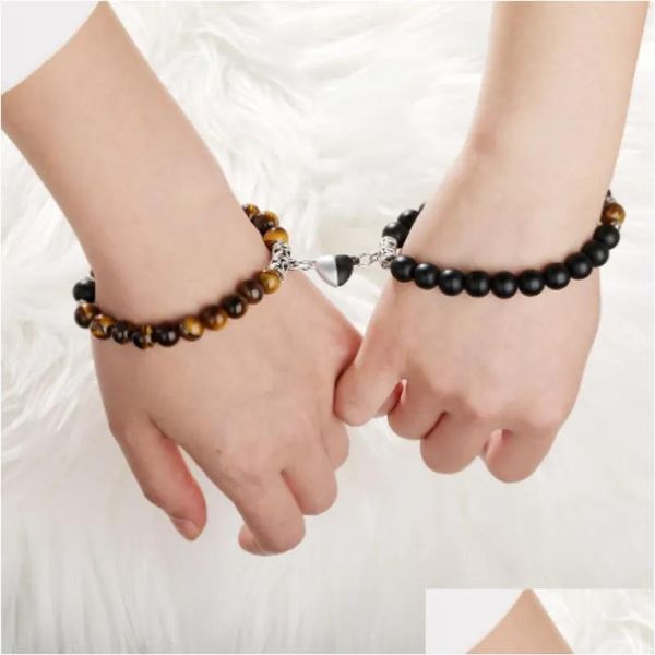 Perlen Handchakren platzen ein Paar Liebesherz -Magnet -Paar Armband Design Sinn weißer Kiefern Stein Tiger Augenschnur Set Tropfen Dhusj Dhusj