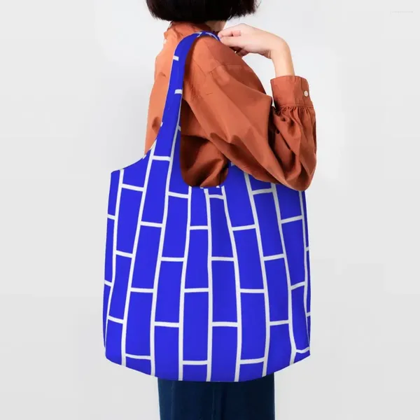 Sacos de compras Tijolo Casa Vertical Azul Saco de Compras Canvas Shopper Tote Capacidade de Ombro Lavável Arte de Rua Eldridge Bolsa