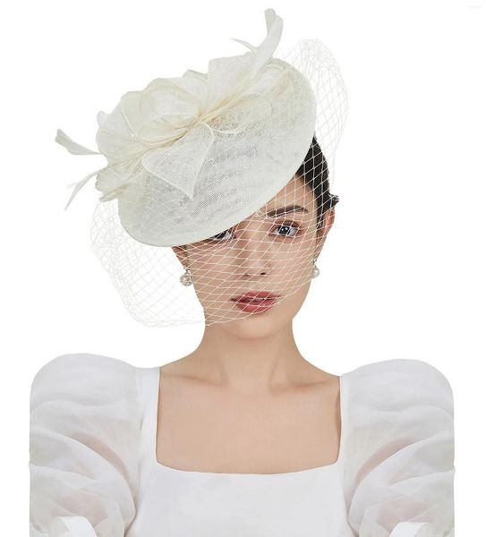 Fascinator del Tea Party bianco per le donne Kentucky Derby Hat Pillbox Fermaglio per capelli Cocktail Sinamay Abito da sposa Fascia per capelli